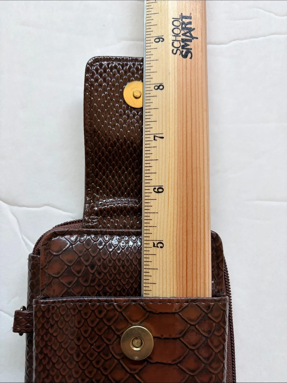 Glossy Brown Faux-Snake Clutch with Snap Strap